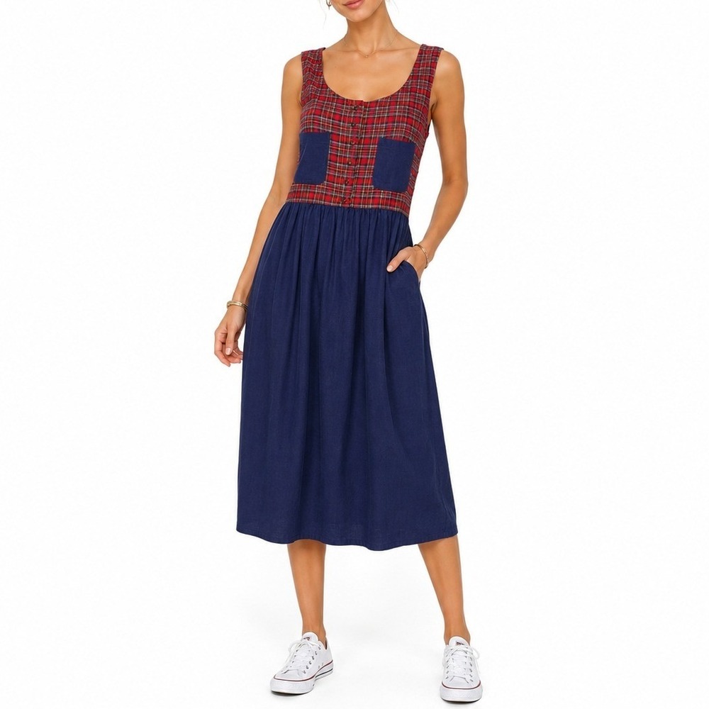 Vintage Erika Classics Dress Women Large Blue Red Plaid Corduroy Mixed Media NEW